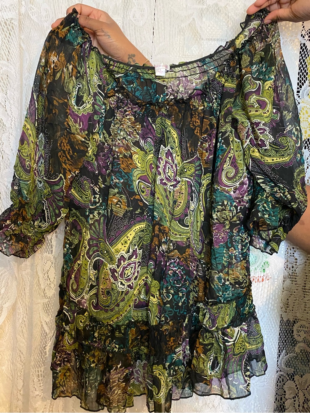 Boho Off-Shoulder Top in Green Paisley